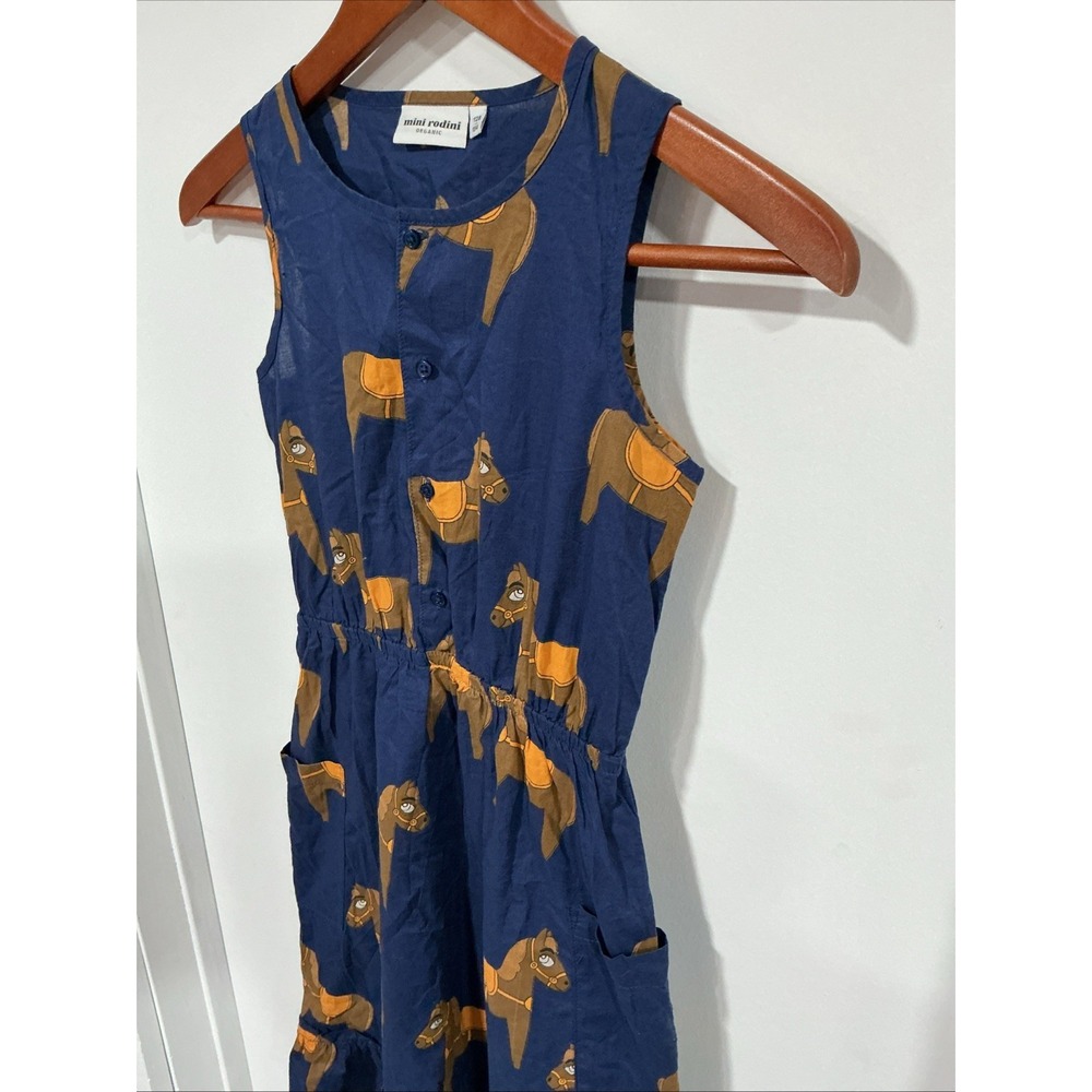 Mini Rodini Sleeveless Dress, Blue, Horse, Girls, 7-9 Or 128/134, Organic Cotton - Picture 2 of 11